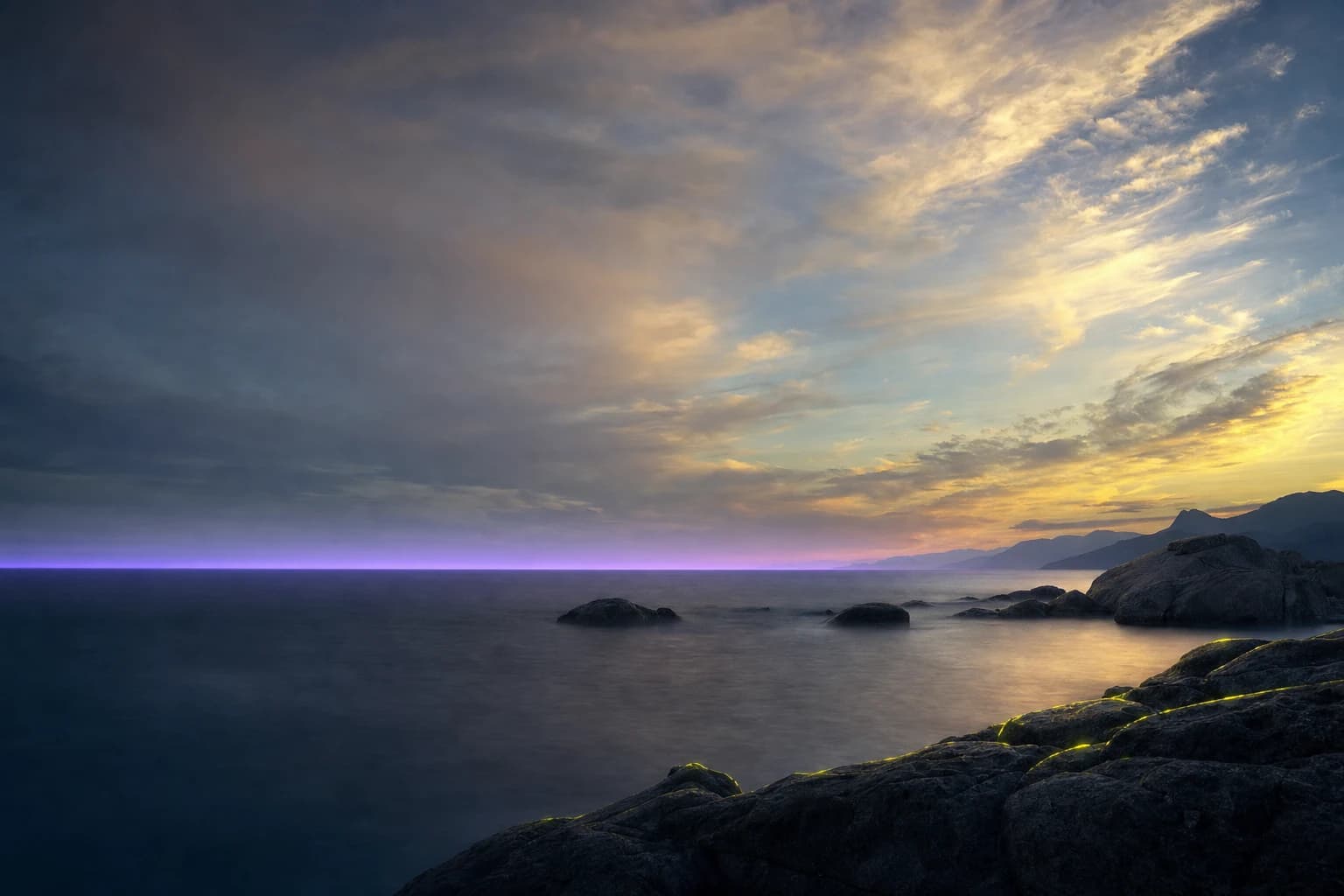 A quiet horizon at dawn, with dark rocks meeting a warm sky