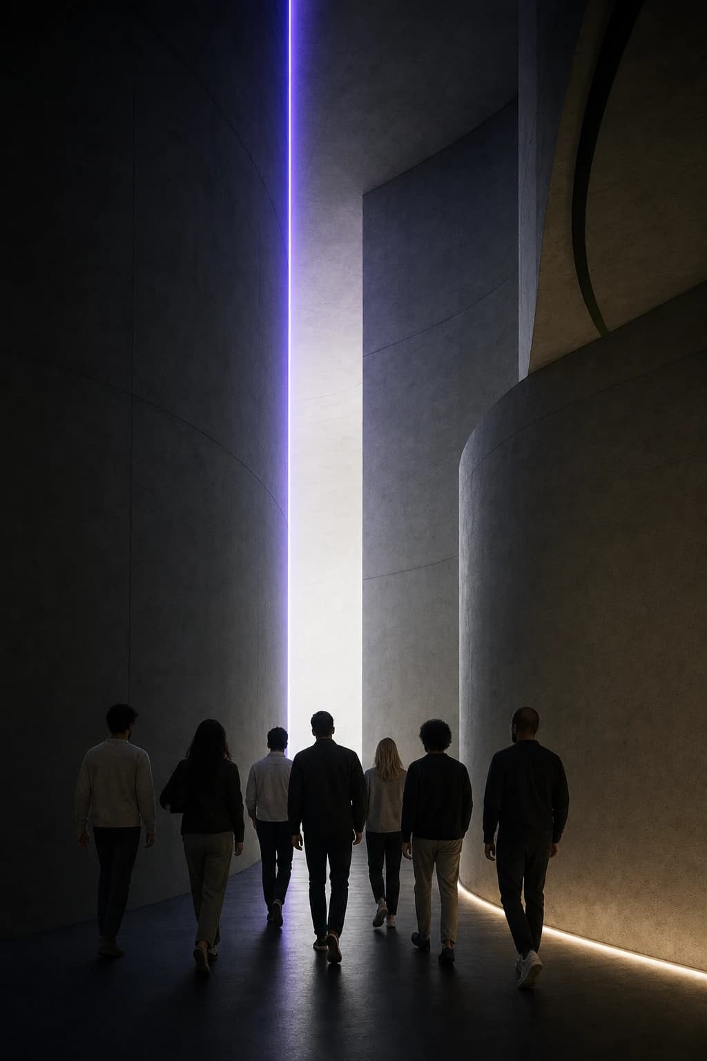 A small group walking together through a monumental concrete interior